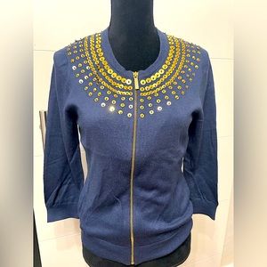 Michael Kors navy w/gold sequin zippered cardigan M